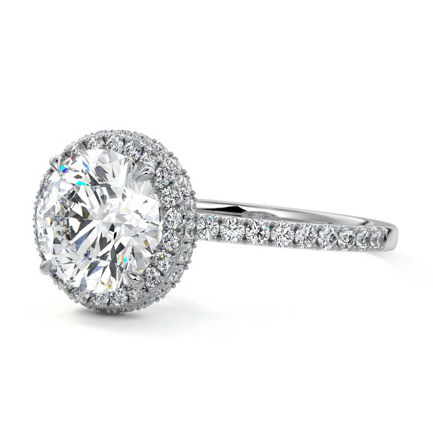 White gold Round Diamond Double Halo Engagement Ring with Pave Band