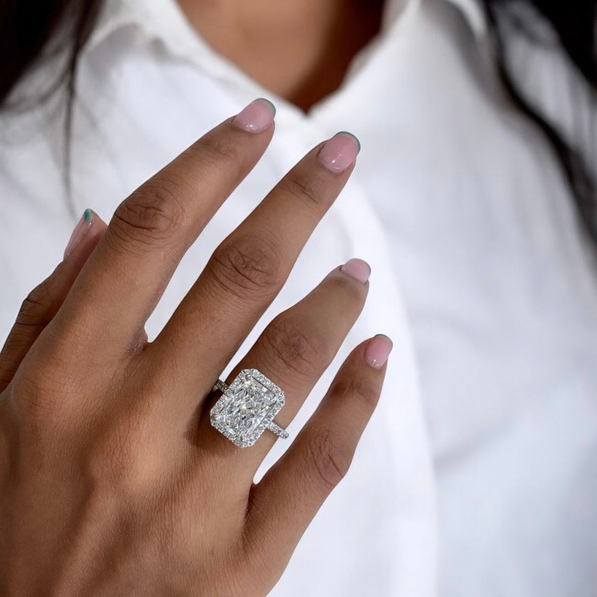 White gold Radiant Diamond Double Halo Engagement Ring with Pave Band