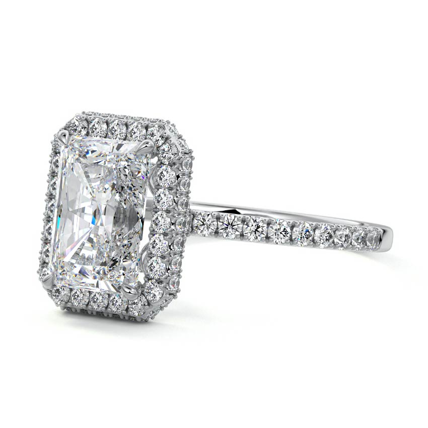 White gold Radiant Diamond Double Halo Engagement Ring with Pave Band