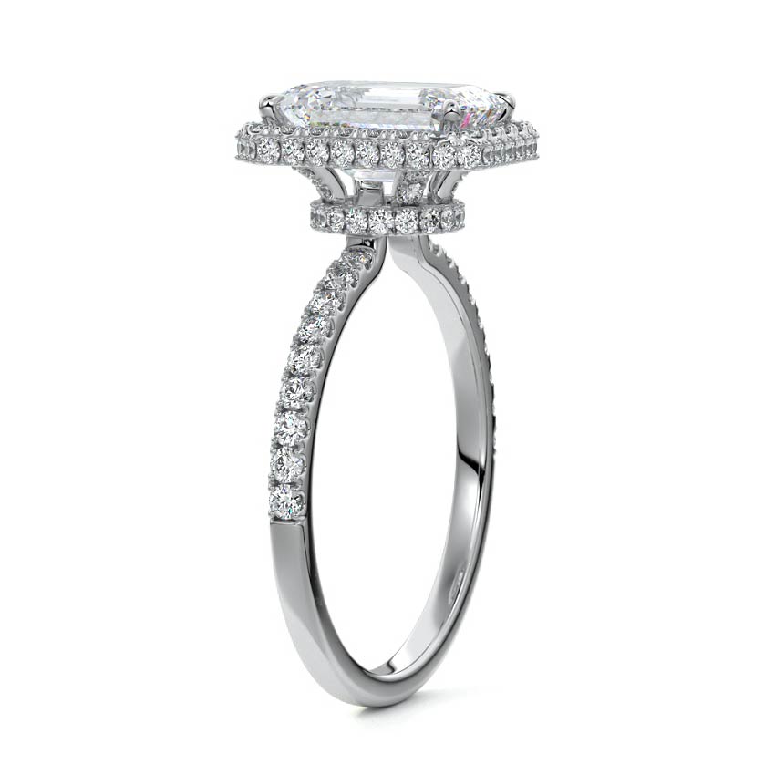White gold Emerald Diamond Double Halo Engagement Ring with Pave Band