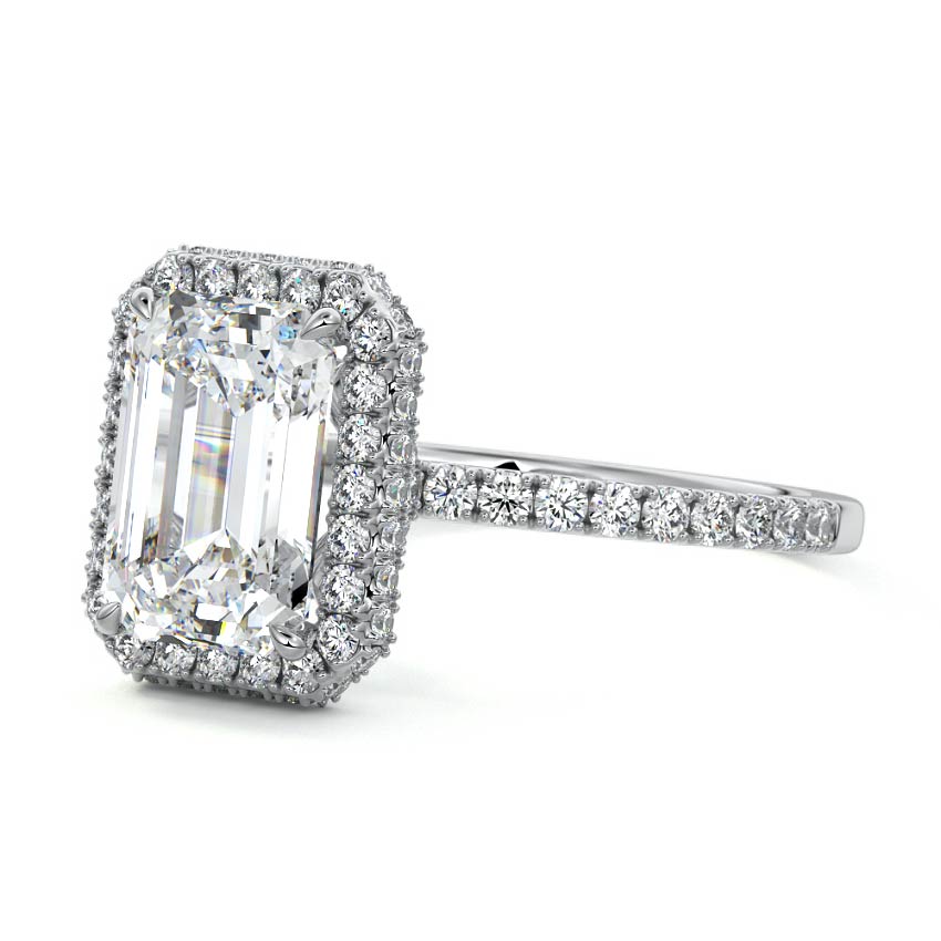 White gold Emerald Diamond Double Halo Engagement Ring with Pave Band