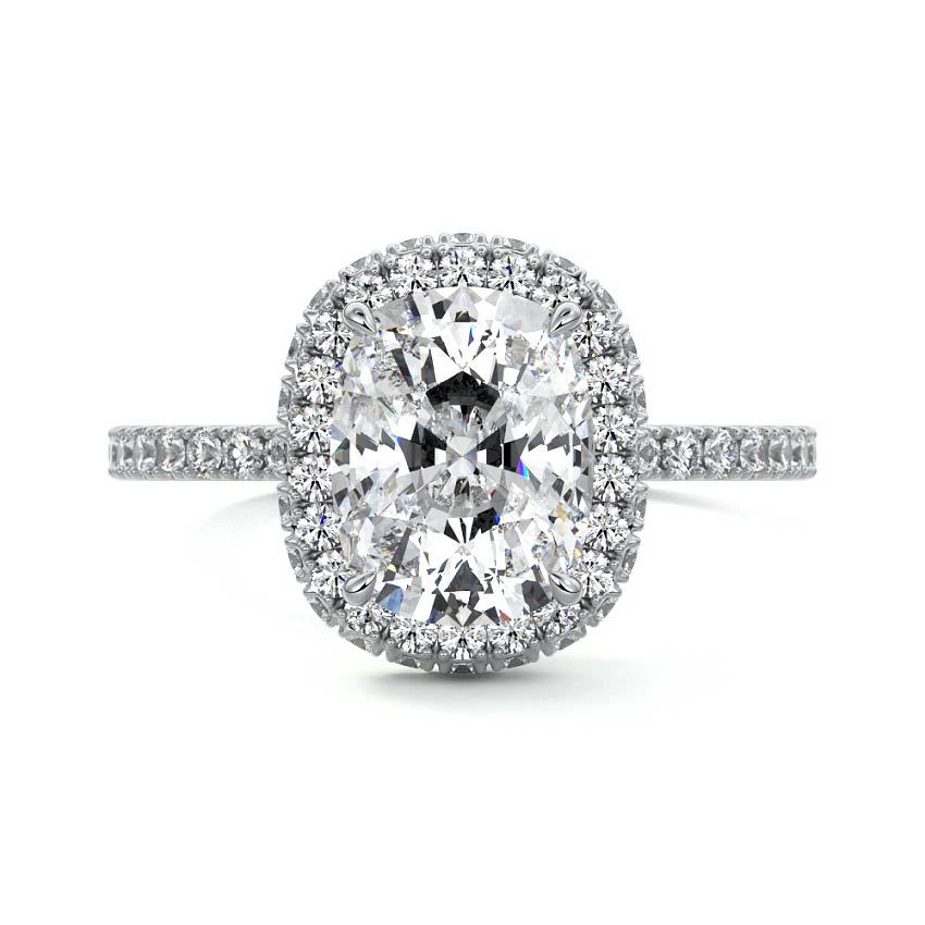 White gold Cushion Diamond Double Halo Engagement Ring with Pave Band