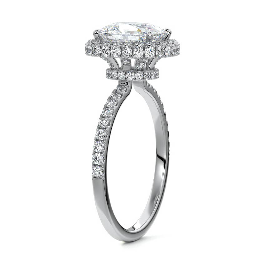 White gold Cushion Diamond Double Halo Engagement Ring with Pave Band