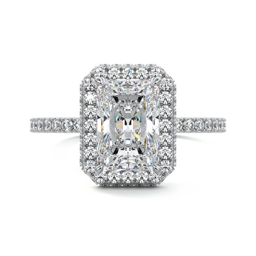 Silver Radiant Diamond Double Halo Engagement Ring with Pave Band