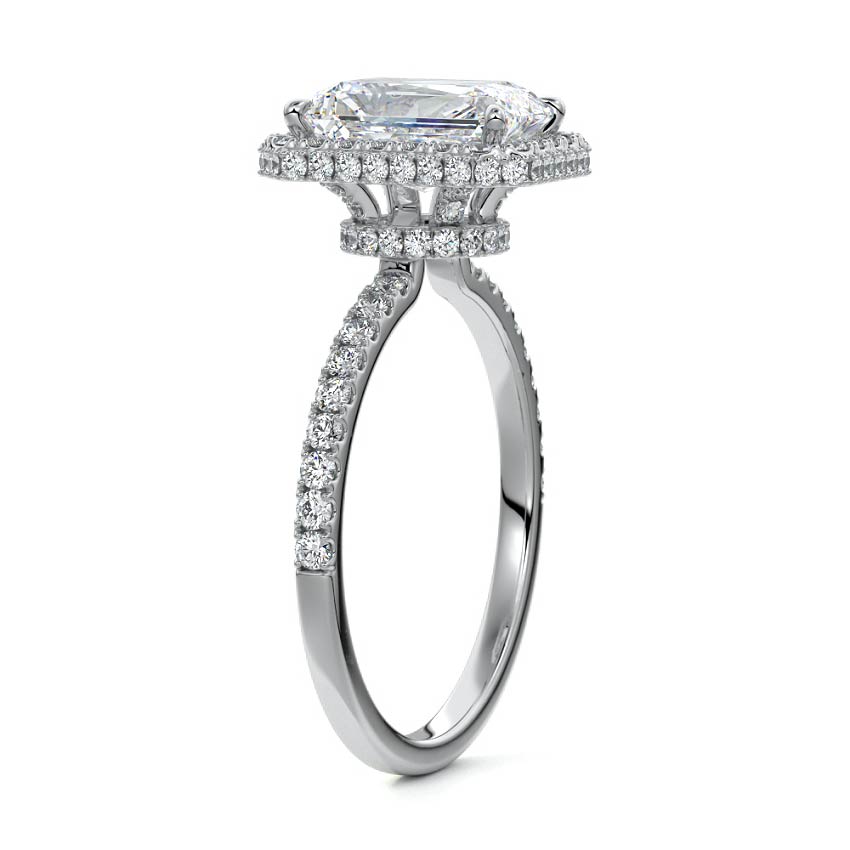 Silver Radiant Diamond Double Halo Engagement Ring with Pave Band