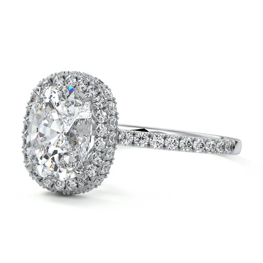 Silver Cushion Diamond Double Halo Engagement Ring with Pave Band