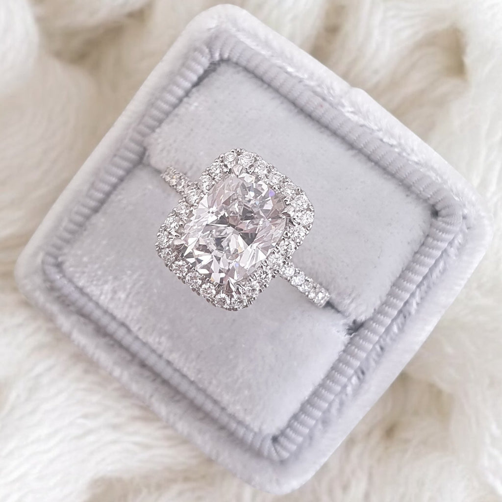 Silver Cushion Diamond Double Halo Engagement Ring with Pave Band