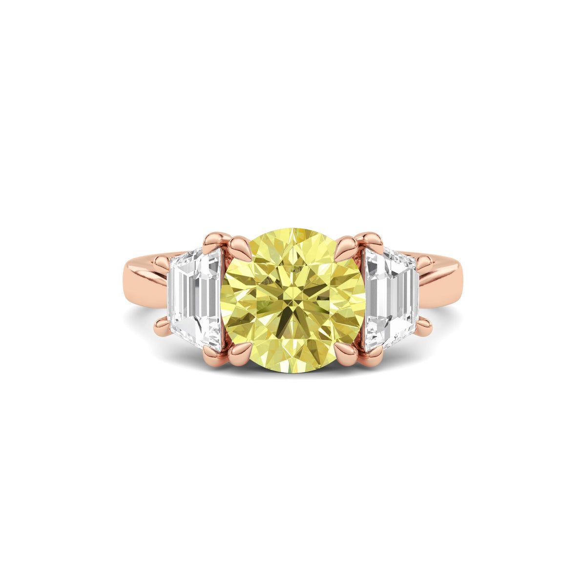 Rose gold Three-Stone Fancy Yellow Round Cut Diamond Ring with Step-Cut Side Stones