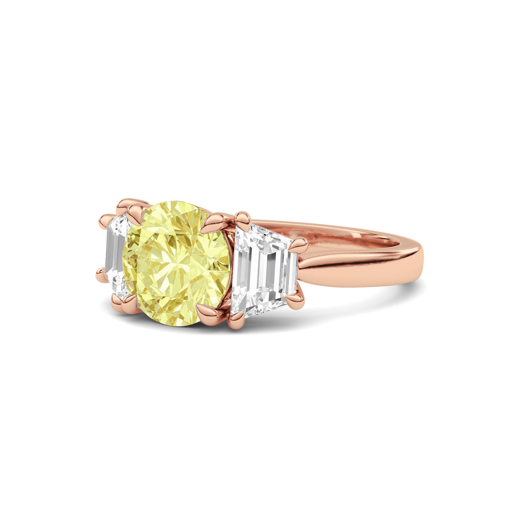 Rose gold Three-Stone Fancy Yellow Round Cut Diamond Ring with Step-Cut Side Stones