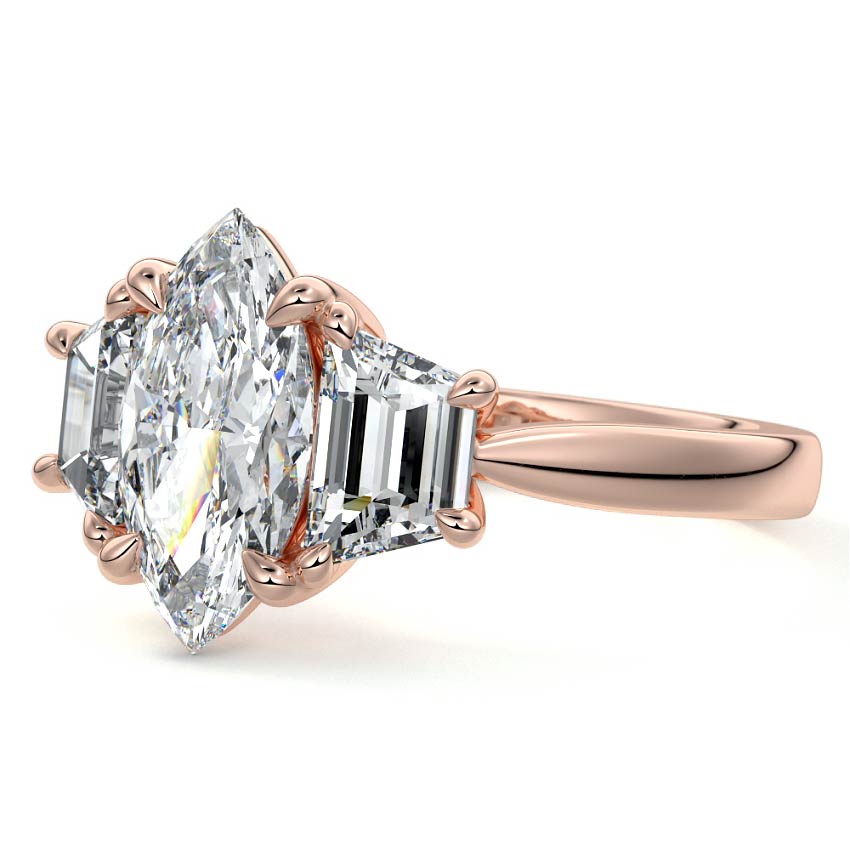 Rose gold Three-Stone Marquise Diamond Ring with Step-Cut Side Stones