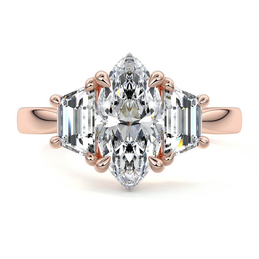 Rose gold Three-Stone Marquise Diamond Ring with Step-Cut Side Stones