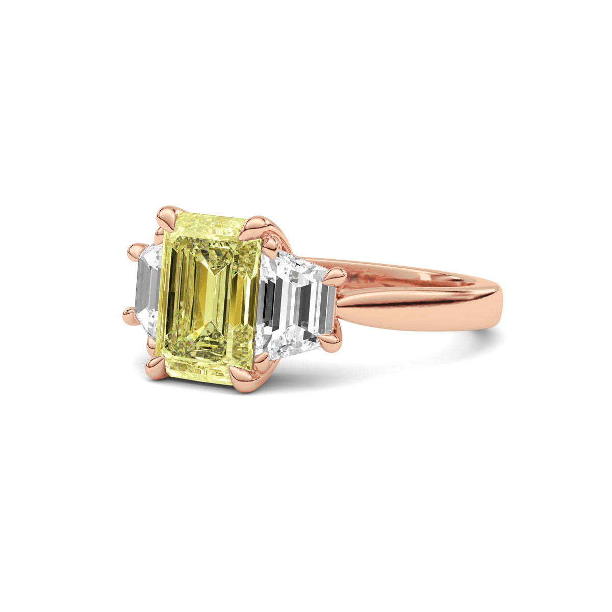 Rose gold Three-Stone Fancy Yellow Emerald Cut Diamond Ring with Step-Cut Side Stones