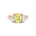 Rose gold Three-Stone Fancy Yellow Cushion Cut Diamond Ring with Step-Cut Side Stones