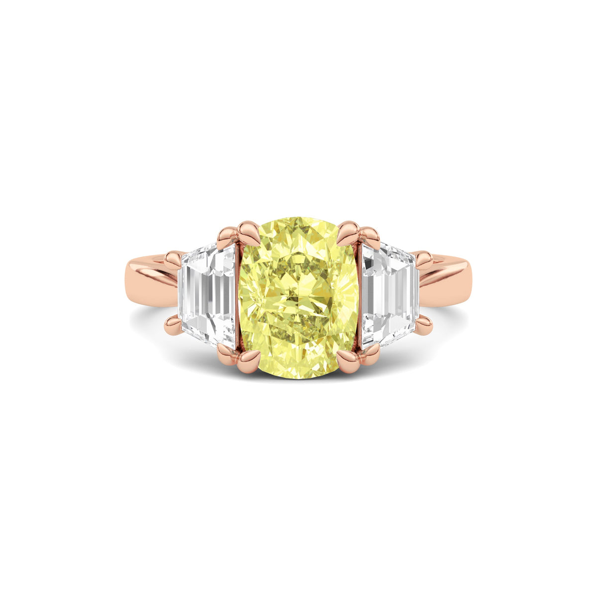 Rose gold Three-Stone Fancy Yellow Cushion Cut Diamond Ring with Step-Cut Side Stones