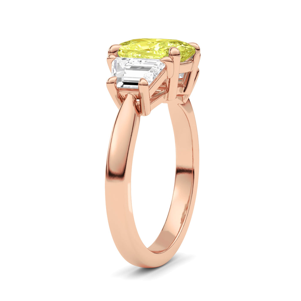 Rose gold Three-Stone Fancy Yellow Cushion Cut Diamond Ring with Step-Cut Side Stones