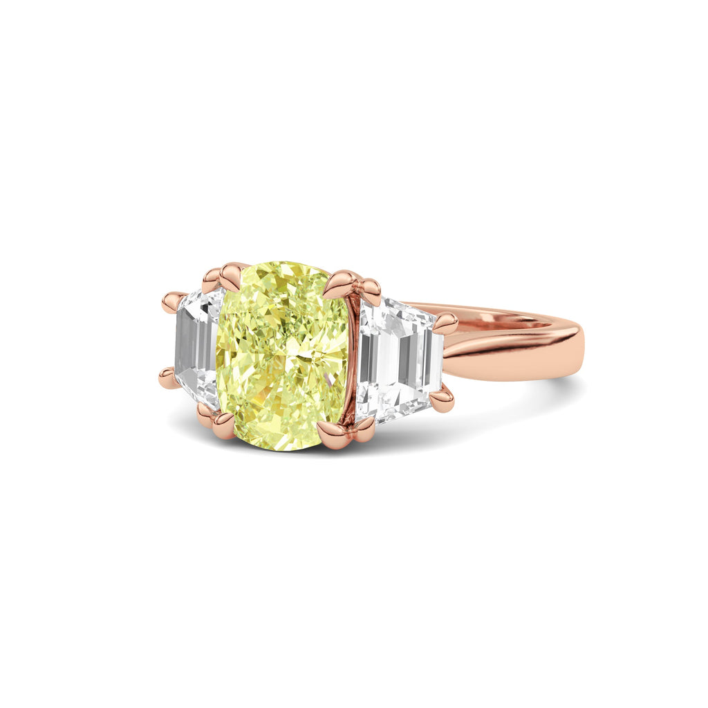 Rose gold Three-Stone Fancy Yellow Cushion Cut Diamond Ring with Step-Cut Side Stones