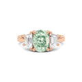 Rose gold Three-Stone Fancy Green Cushion Cut Diamond Ring with Step-Cut Side Stones