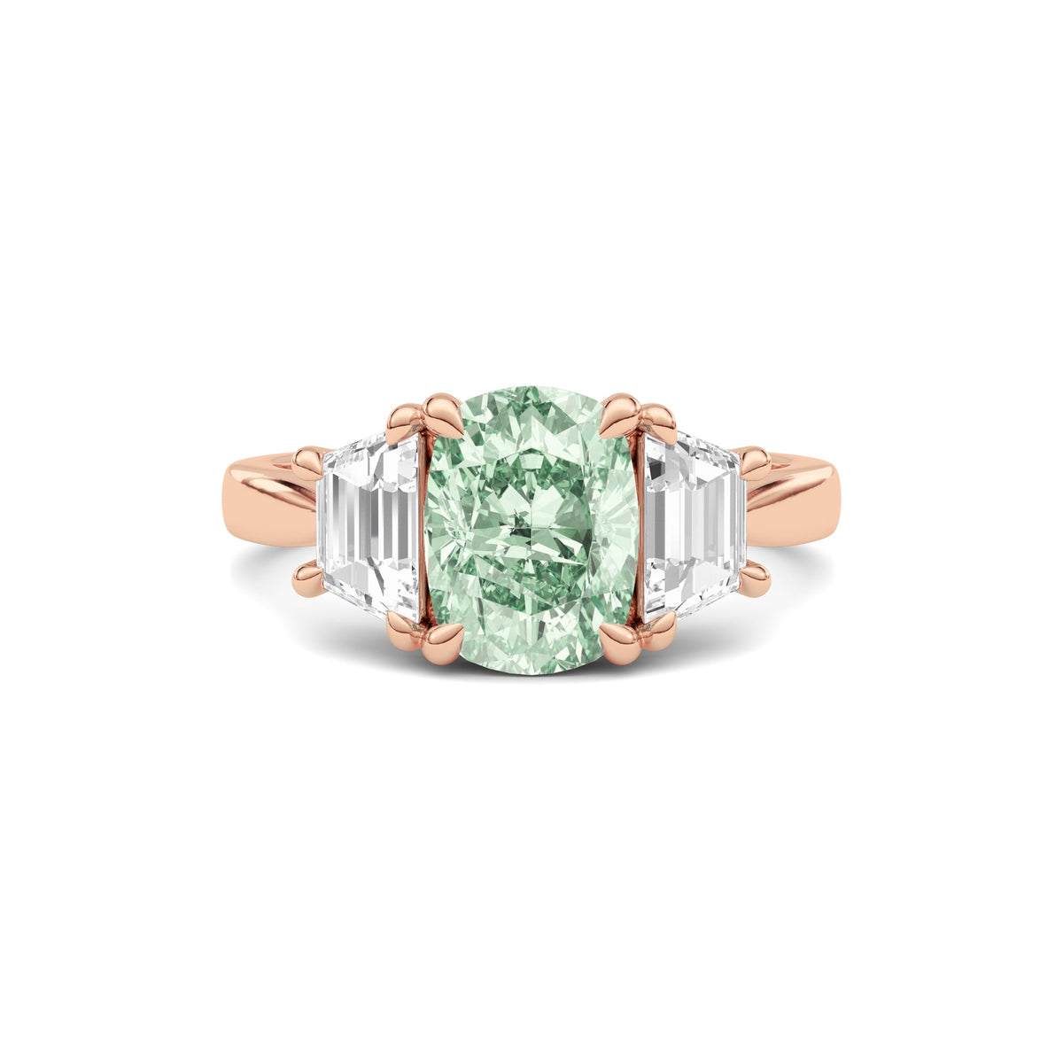Rose gold Three-Stone Fancy Green Cushion Cut Diamond Ring with Step-Cut Side Stones