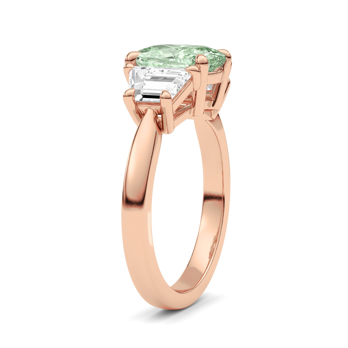 Rose gold Three-Stone Fancy Green Cushion Cut Diamond Ring with Step-Cut Side Stones