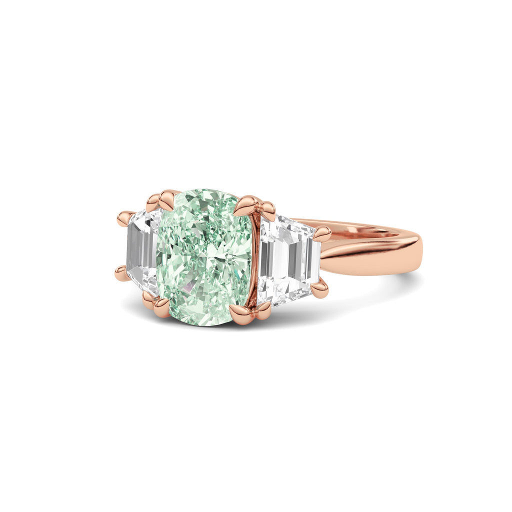 Rose gold Three-Stone Fancy Green Cushion Cut Diamond Ring with Step-Cut Side Stones