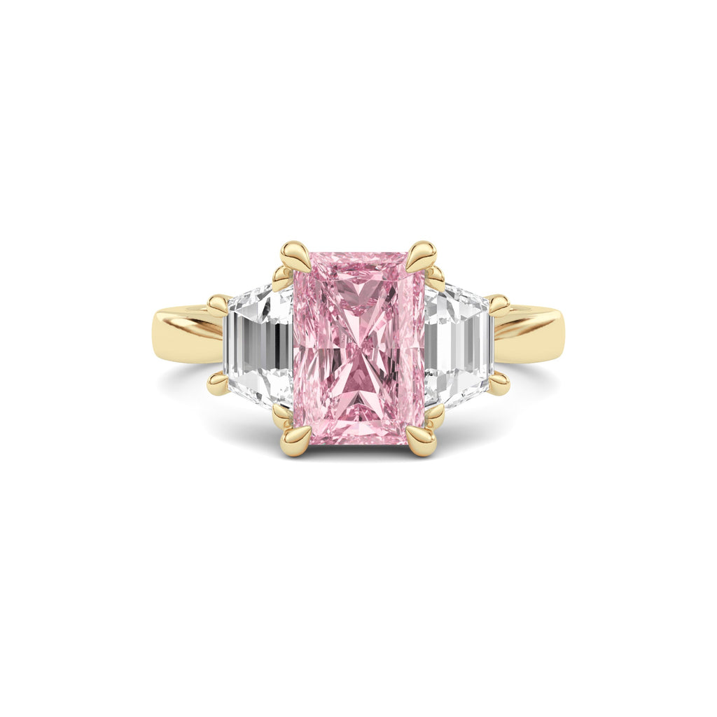 Yellow gold Three-Stone Fancy Pink Radiant Cut Diamond Ring with Step-Cut Side Stones