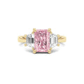 Yellow gold Three-Stone Fancy Pink Radiant Cut Diamond Ring with Step-Cut Side Stones