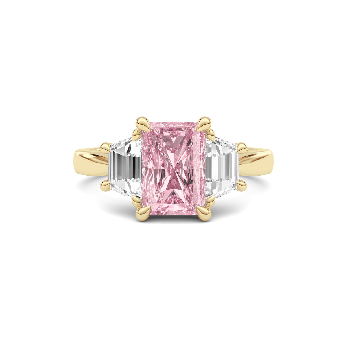 Yellow gold Three-Stone Fancy Pink Radiant Cut Diamond Ring with Step-Cut Side Stones