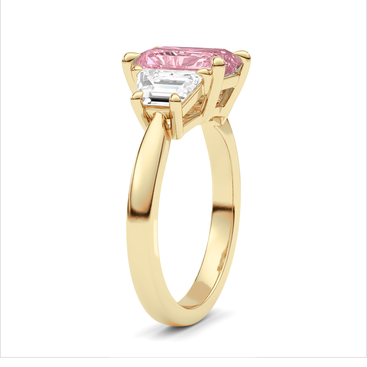 Yellow gold Three-Stone Fancy Pink Radiant Cut Diamond Ring with Step-Cut Side Stones