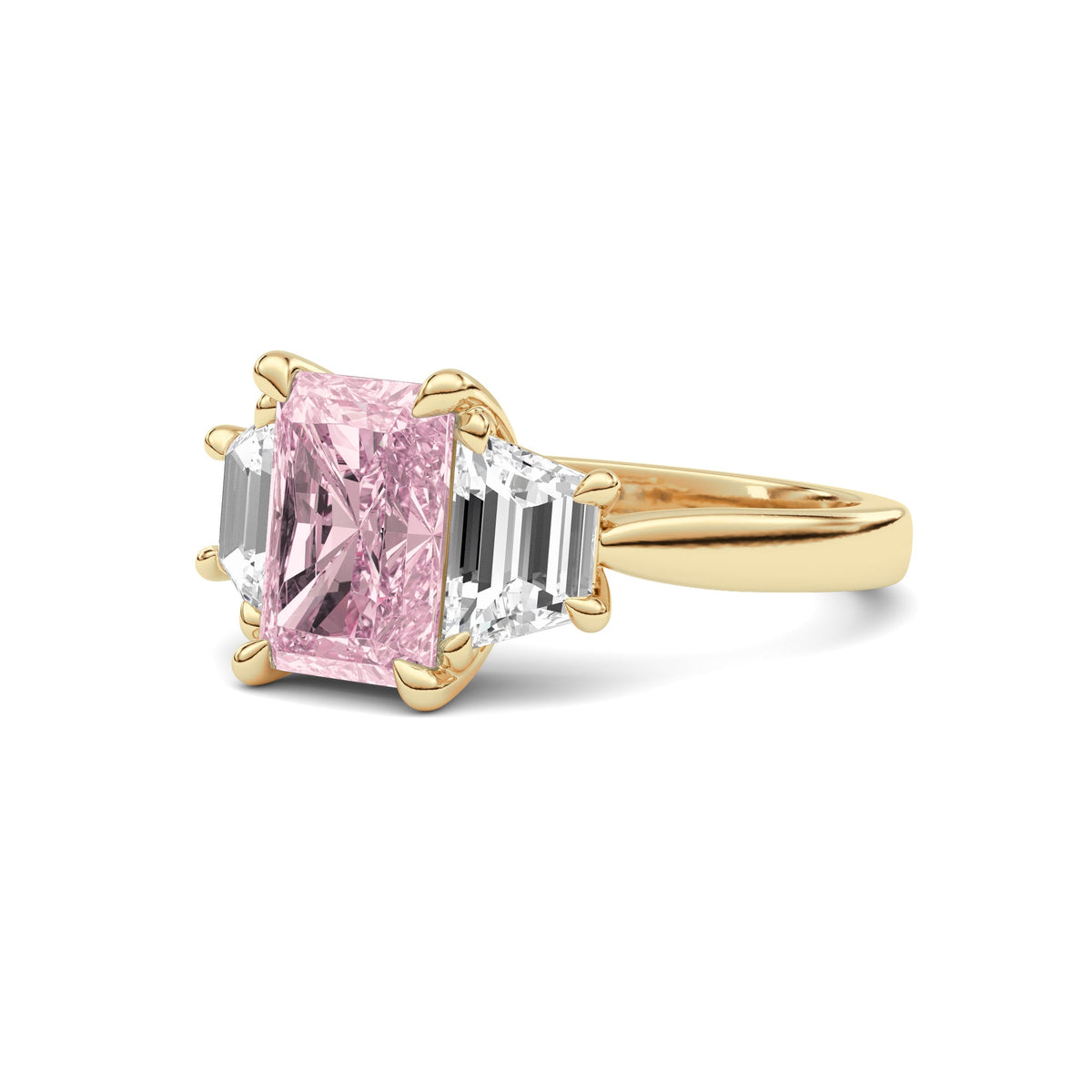 Yellow gold Three-Stone Fancy Pink Radiant Cut Diamond Ring with Step-Cut Side Stones
