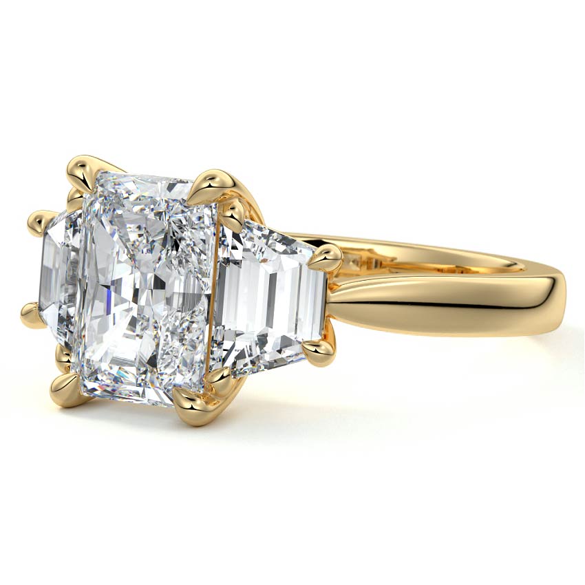 Yellow gold Three-Stone Radiant Diamond Ring with Step-Cut Side Stones