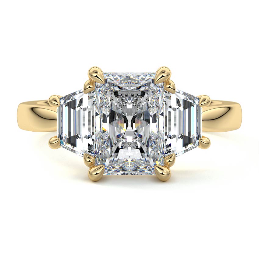Yellow gold Three-Stone Radiant Diamond Ring with Step-Cut Side Stones