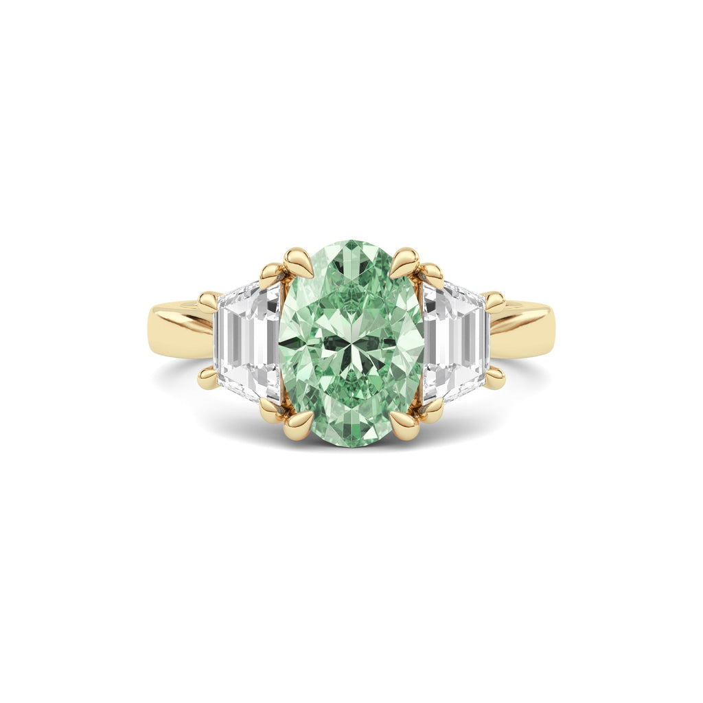 Yellow gold Three-Stone Fancy Green Oval Cut Diamond Ring with Step-Cut Side Stones