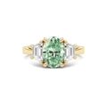 Yellow gold Three-Stone Fancy Green Oval Cut Diamond Ring with Step-Cut Side Stones