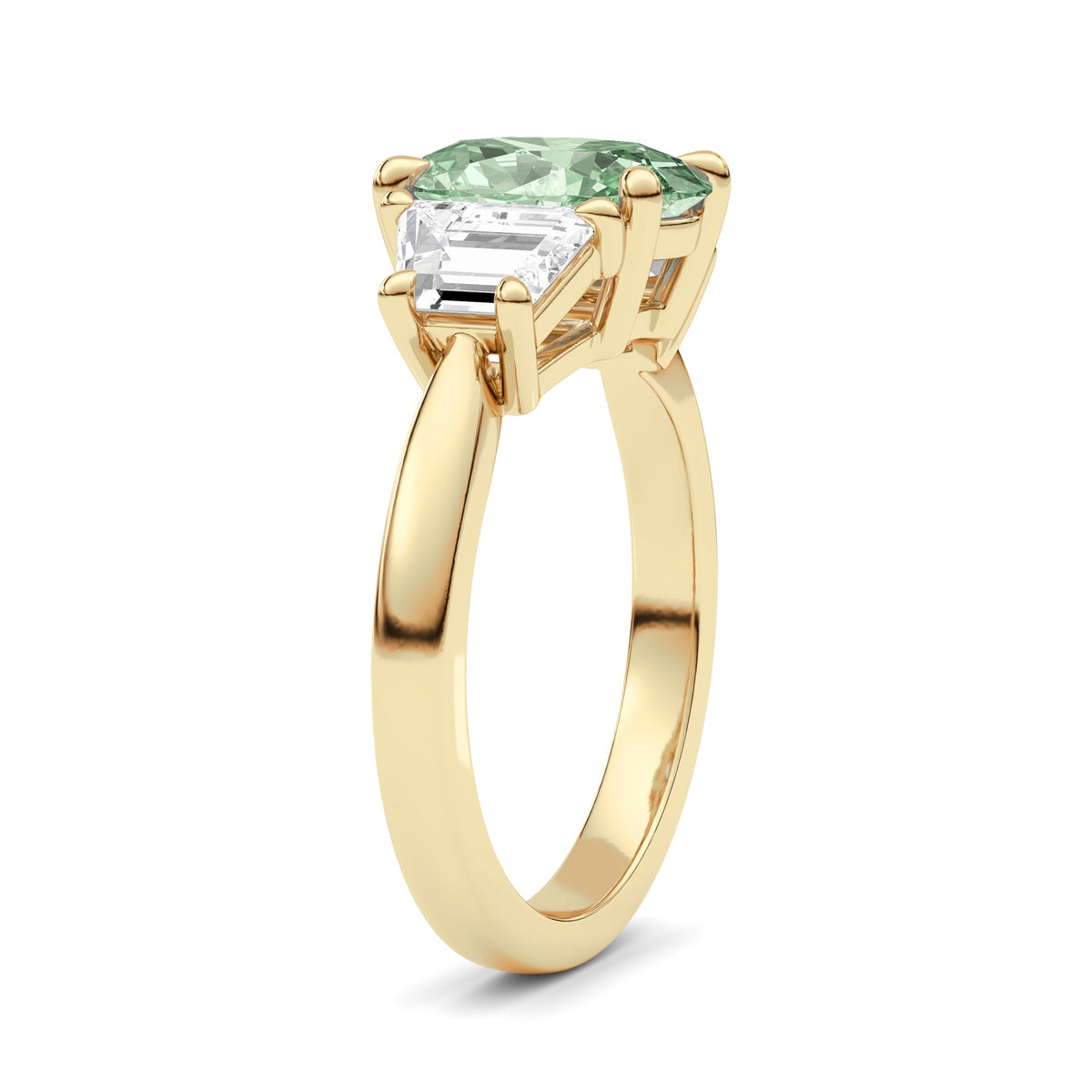 Yellow gold Three-Stone Fancy Green Oval Cut Diamond Ring with Step-Cut Side Stones