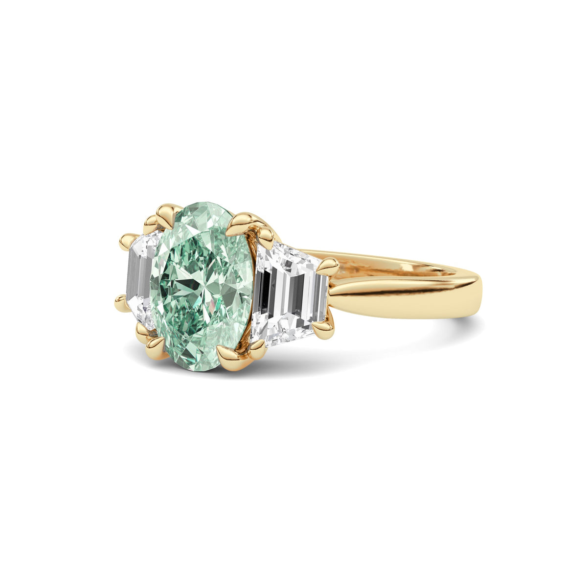 Yellow gold Three-Stone Fancy Green Oval Cut Diamond Ring with Step-Cut Side Stones
