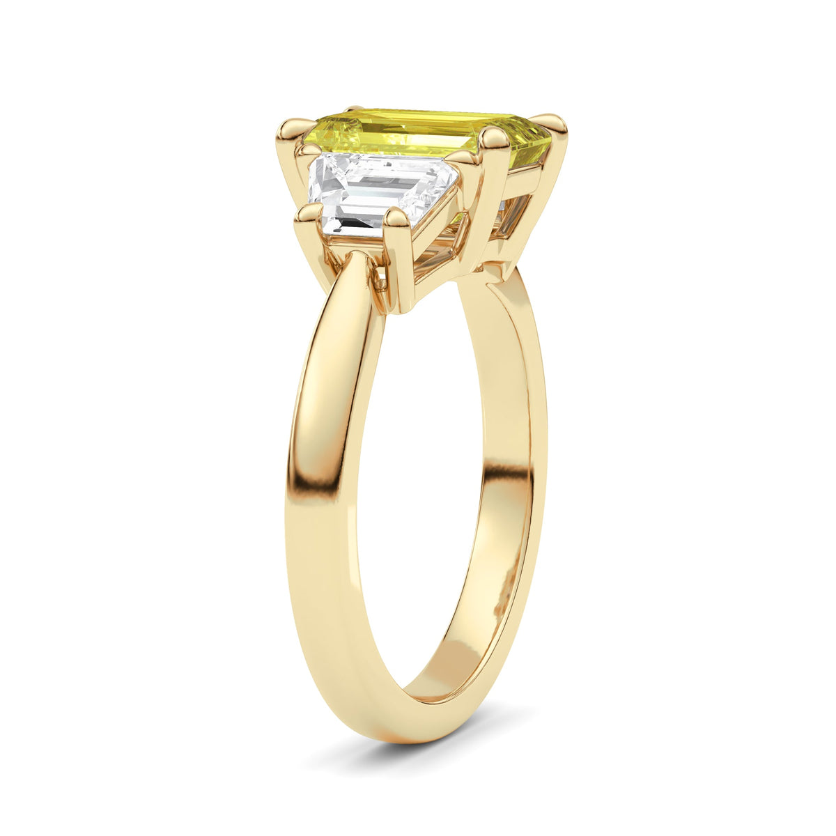 Yellow gold Three-Stone Fancy Yellow Emerald Cut Diamond Ring with Step-Cut Side Stones