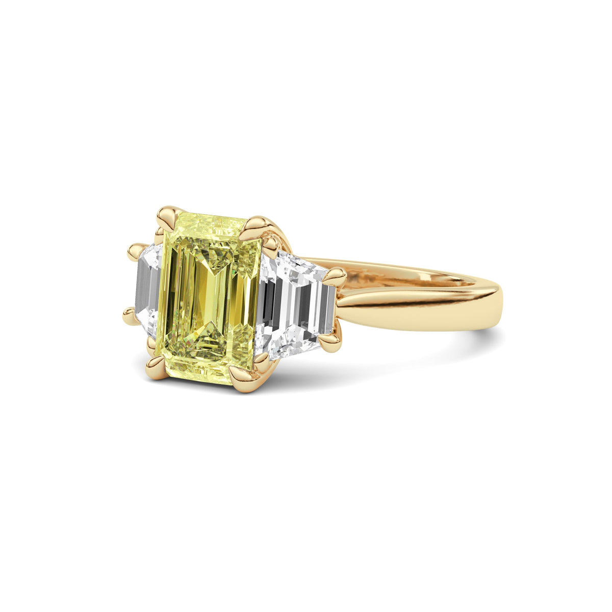 Yellow gold Three-Stone Fancy Yellow Emerald Cut Diamond Ring with Step-Cut Side Stones
