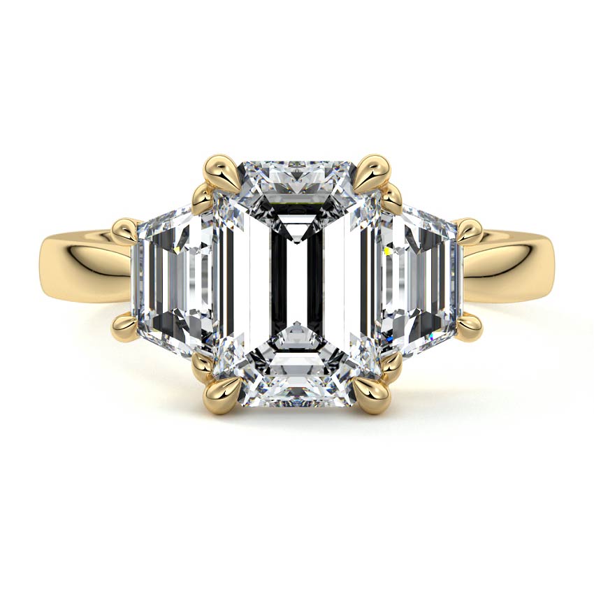 Yellow gold Three-Stone Emerald Diamond Ring with Step-Cut Side Stones