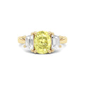 Yellow gold Three-Stone Fancy Yellow Cushion Cut Diamond Ring with Step-Cut Side Stones