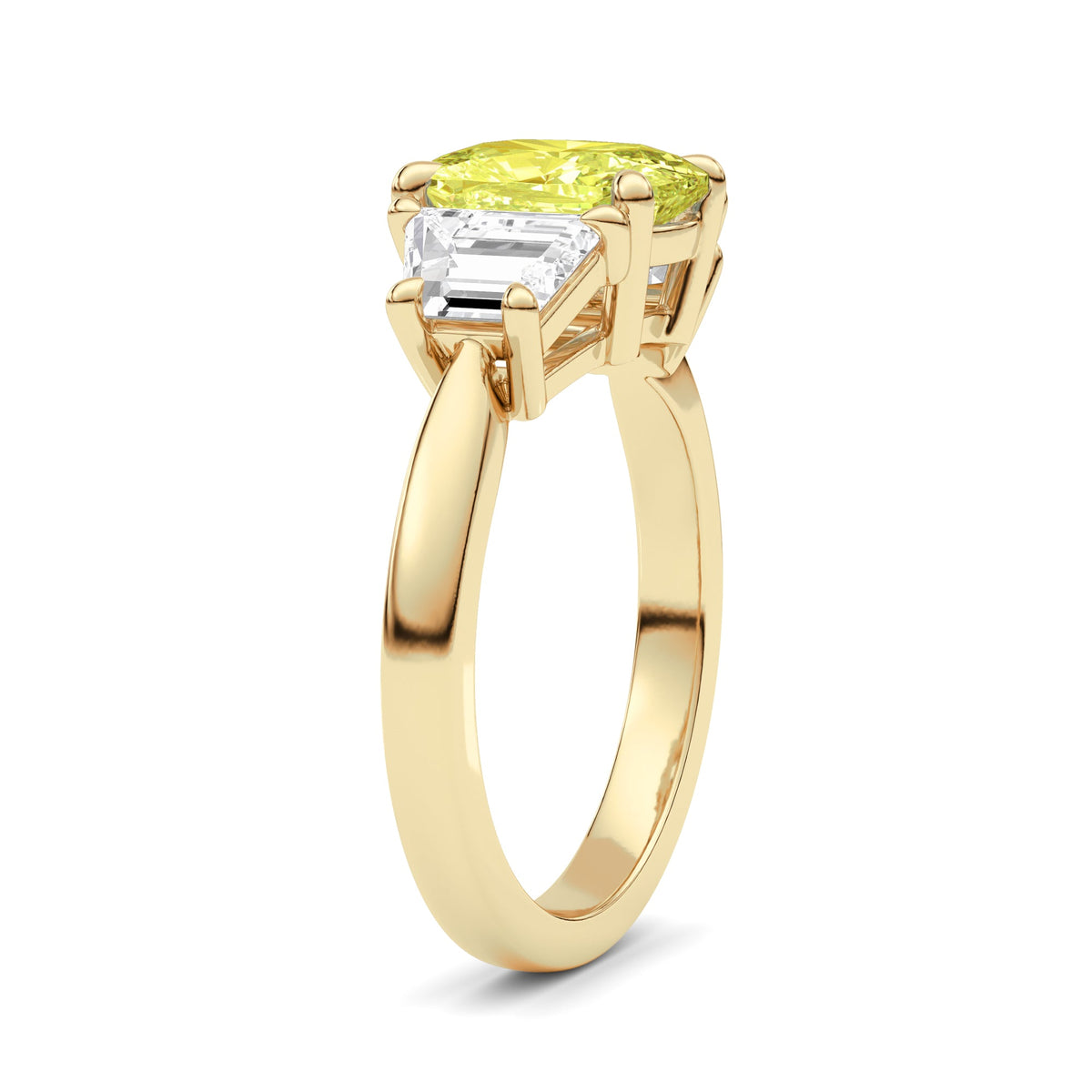 Yellow gold Three-Stone Fancy Yellow Cushion Cut Diamond Ring with Step-Cut Side Stones