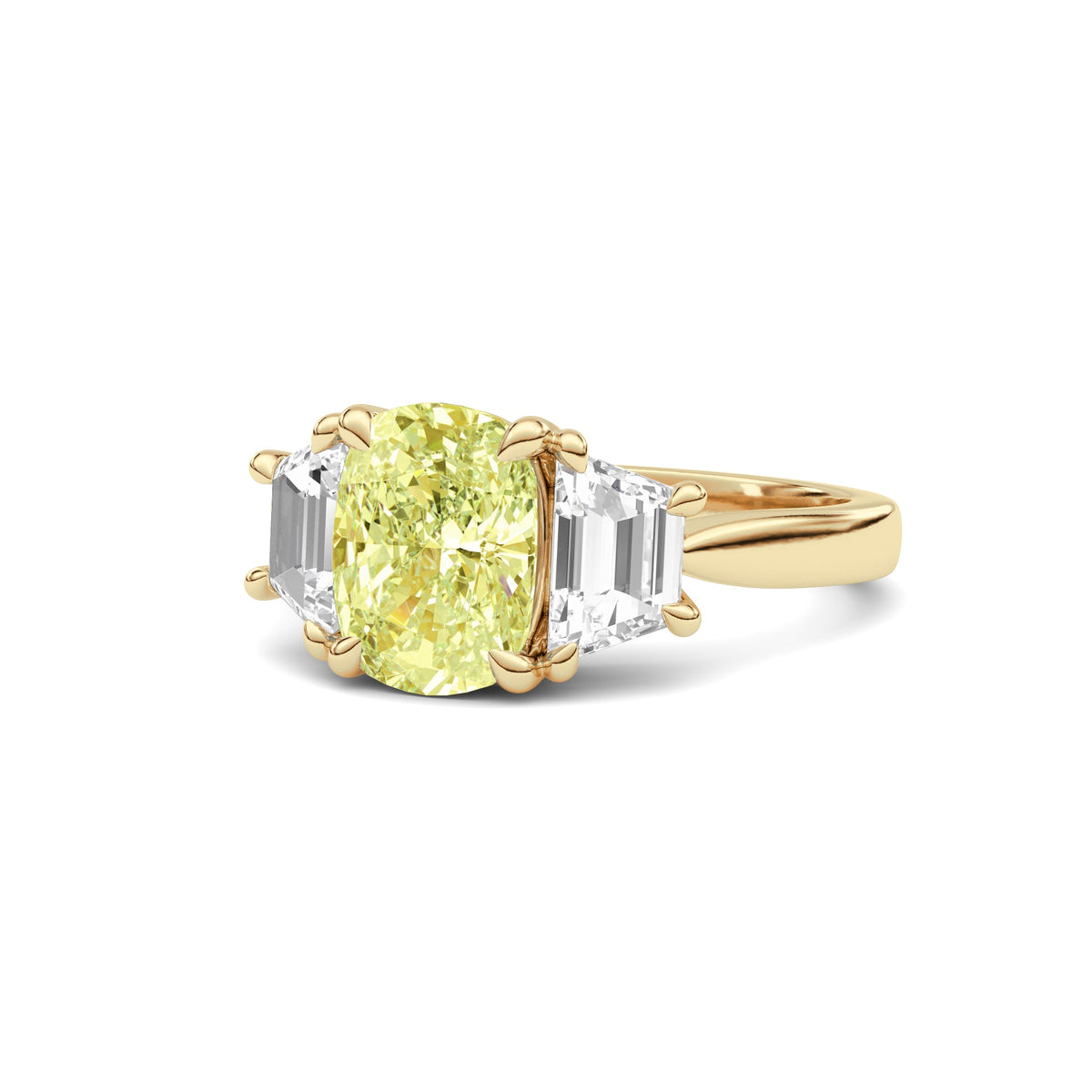Yellow gold Three-Stone Fancy Yellow Cushion Cut Diamond Ring with Step-Cut Side Stones