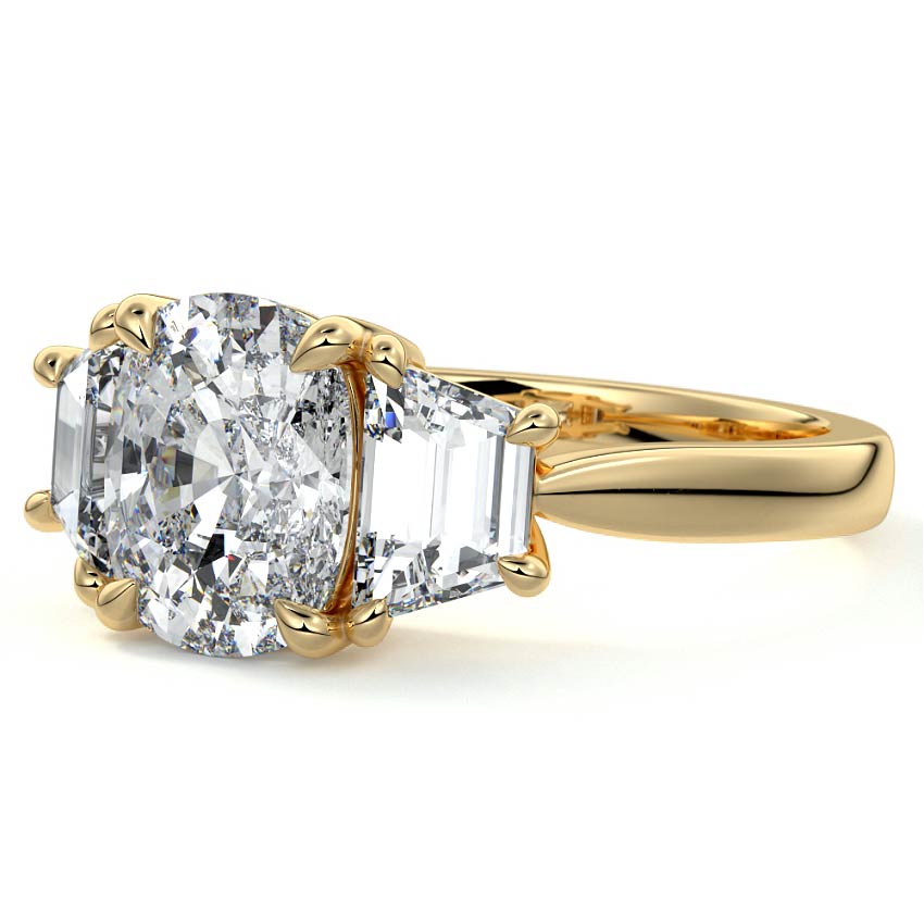 Yellow gold Three-Stone Cushion Diamond Ring with Step-Cut Side Stones