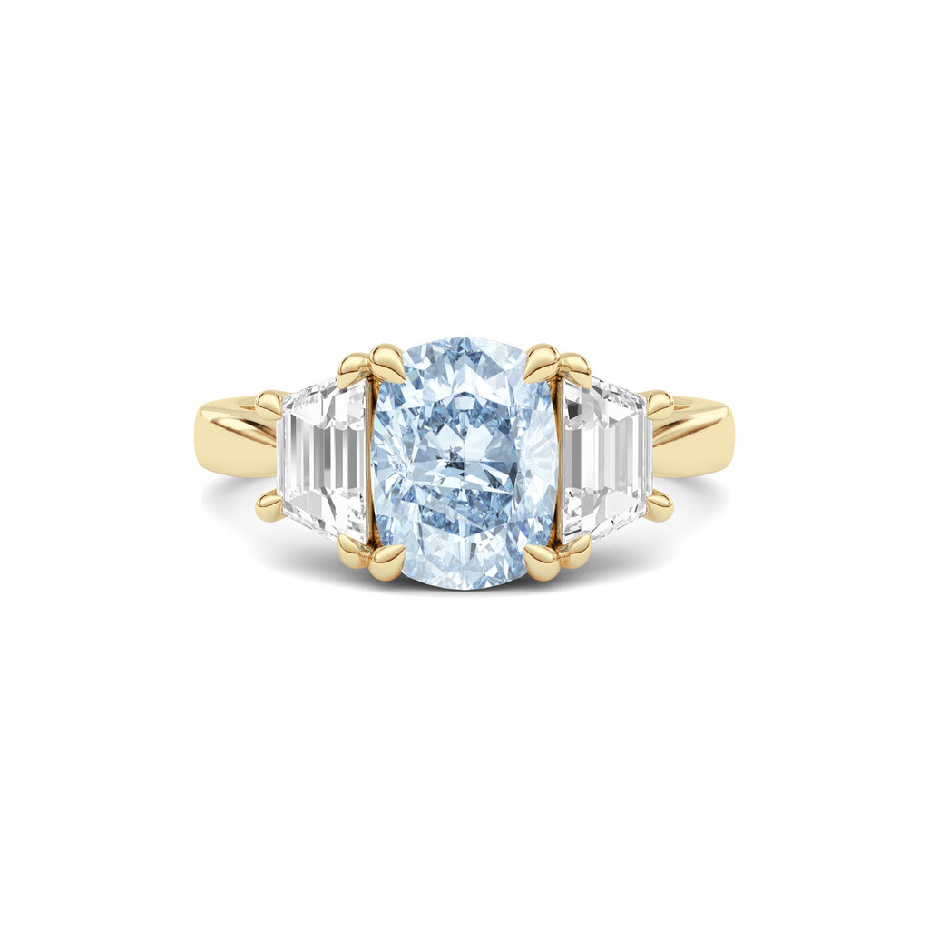 Yellow gold Three-Stone Fancy Blue Cushion Cut Diamond Ring with Step-Cut Side Stones