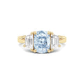 Yellow gold Three-Stone Fancy Blue Cushion Cut Diamond Ring with Step-Cut Side Stones
