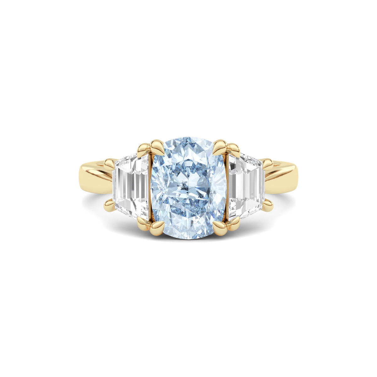 Yellow gold Three-Stone Fancy Blue Cushion Cut Diamond Ring with Step-Cut Side Stones