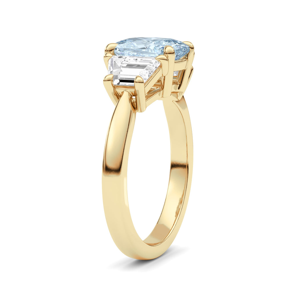 Yellow gold Three-Stone Fancy Blue Cushion Cut Diamond Ring with Step-Cut Side Stones