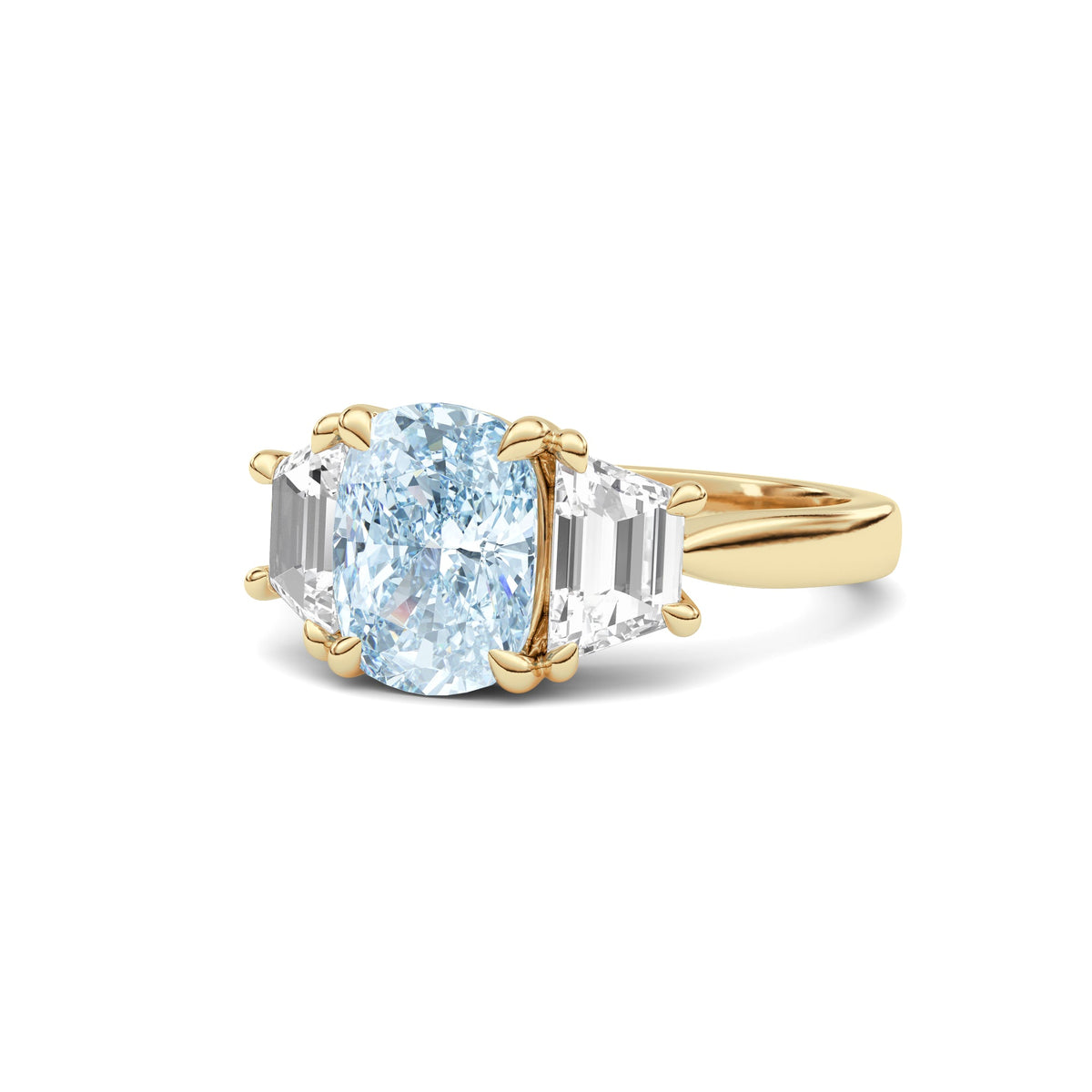 Yellow gold Three-Stone Fancy Blue Cushion Cut Diamond Ring with Step-Cut Side Stones