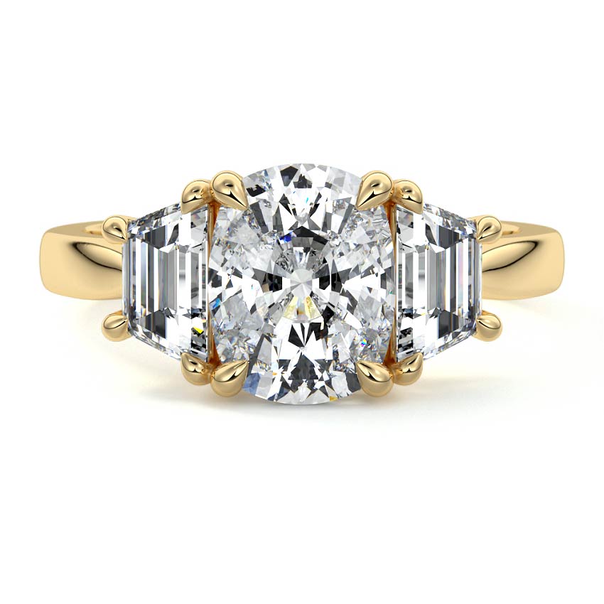 Yellow gold Three-Stone Cushion Diamond Ring with Step-Cut Side Stones