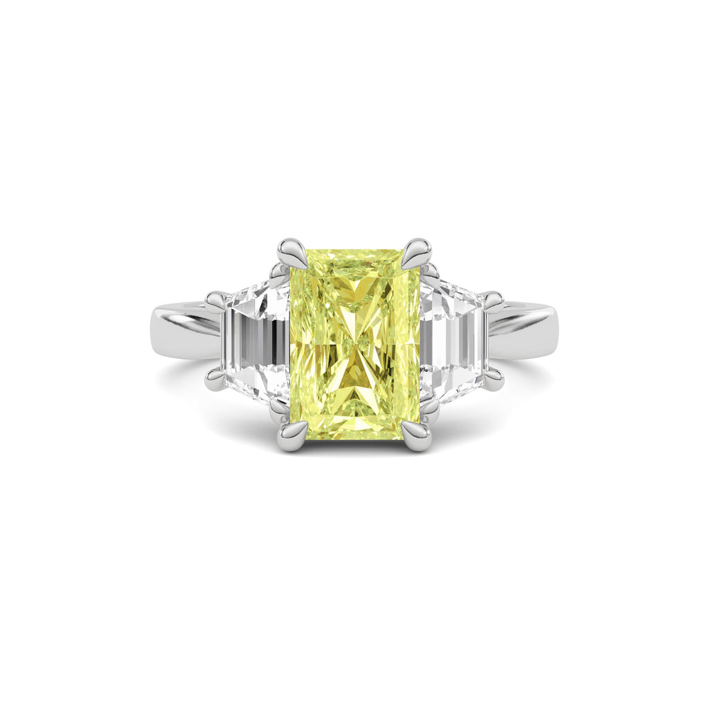White gold Three-Stone Fancy Yellow Radiant Cut Diamond Ring with Step-Cut Side Stones