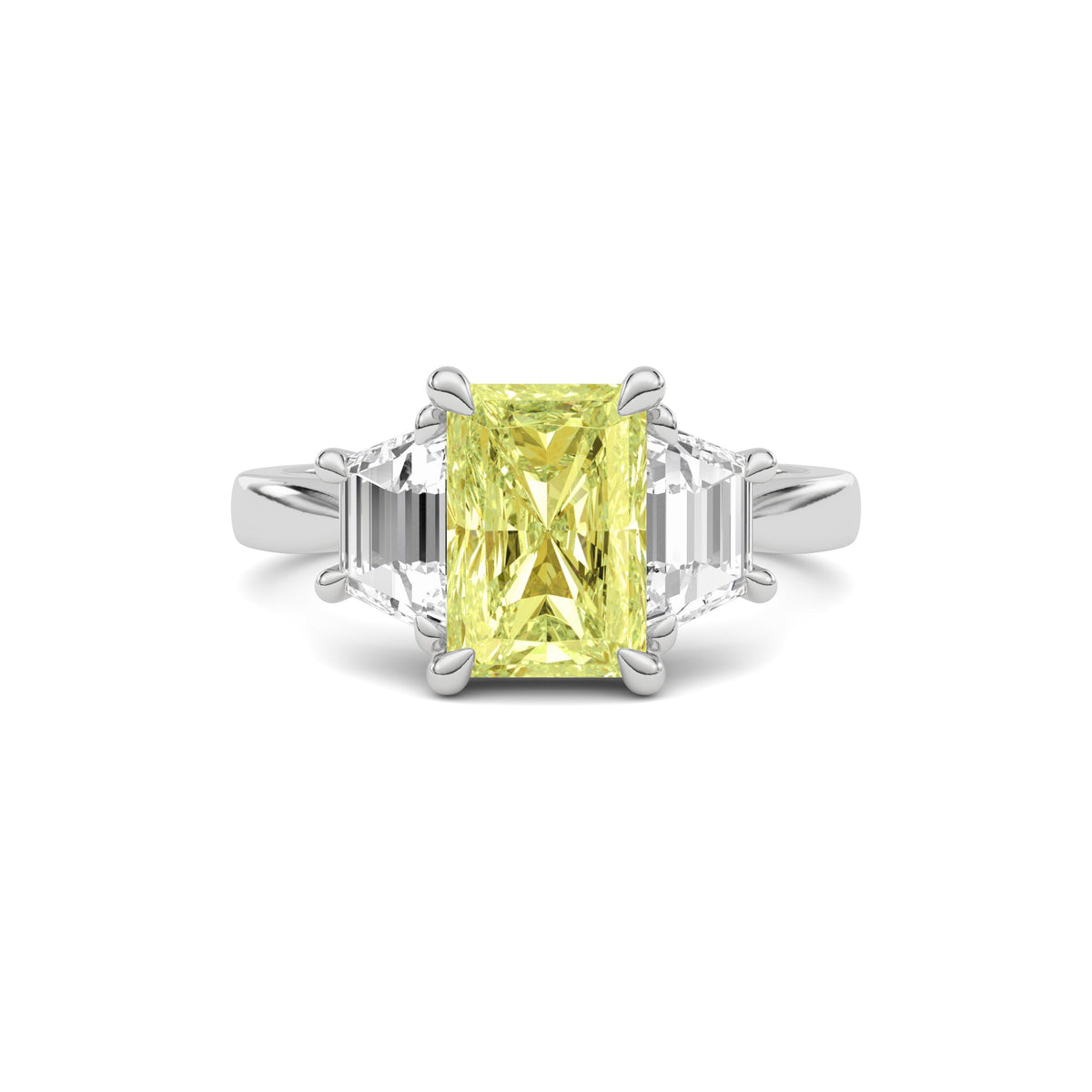 White gold Three-Stone Fancy Yellow Radiant Cut Diamond Ring with Step-Cut Side Stones